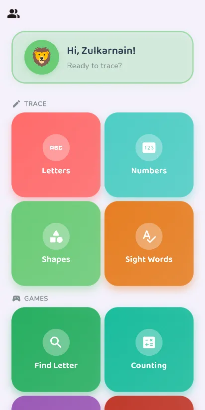 TraceTots — educational tracing app home screen with letters, numbers, shapes, and games